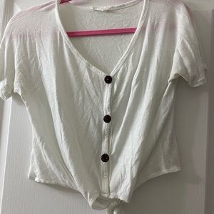 white button down crop top with tie in front